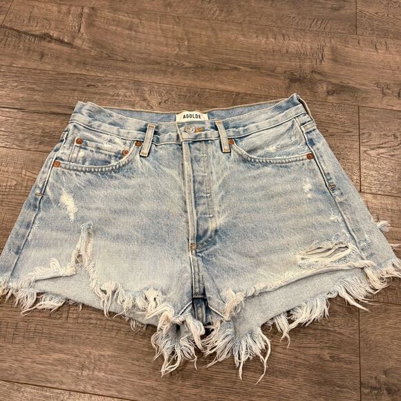 Agolde Light Blue Distressed Jean Shorts - Picture 1 of 4